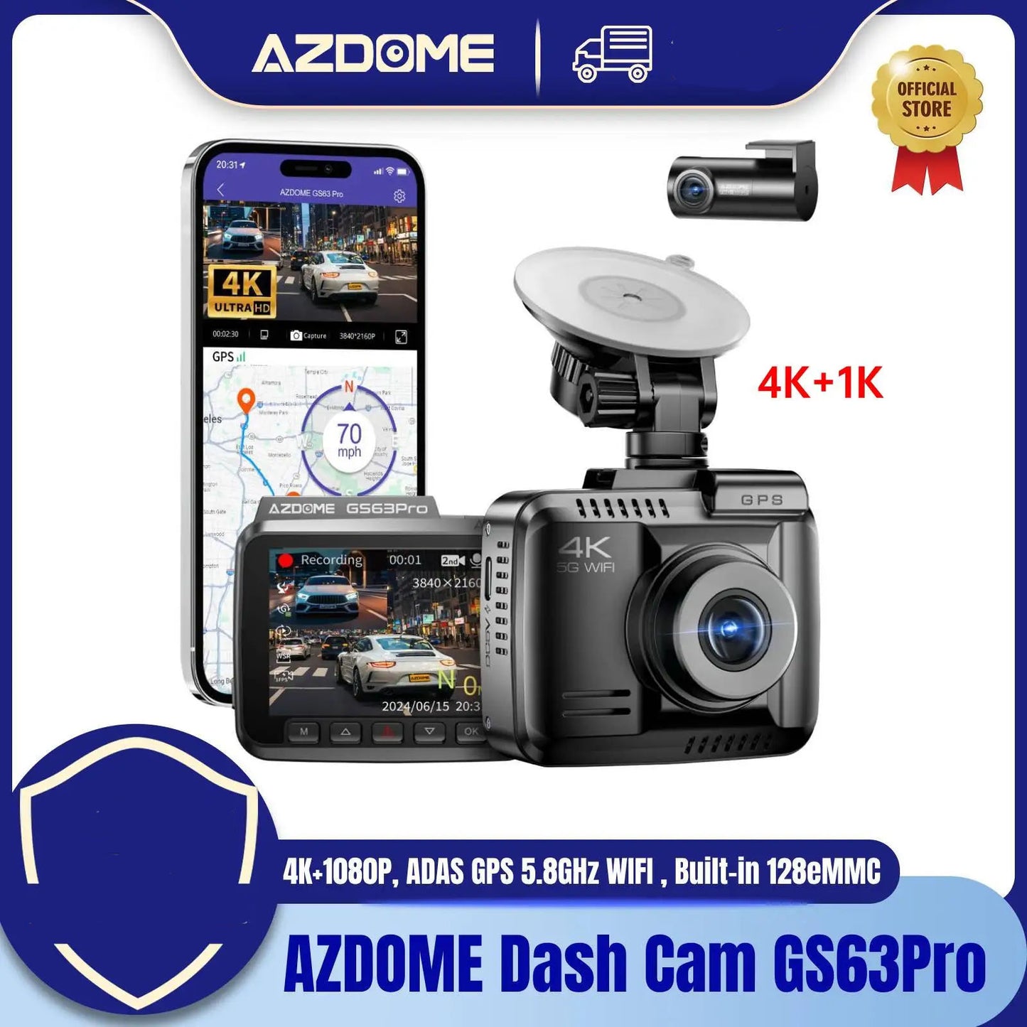 Caméra embarquée AZDOME GS63Pro : 4K/1080P, GPS, vision nocturne, surveillance 24 h/24