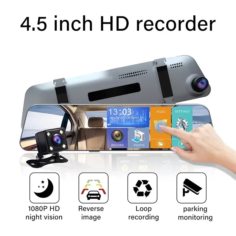 Caméra embarquée DVR à double objectif - Rétroviseur tactile 1080p avec vision nocturne