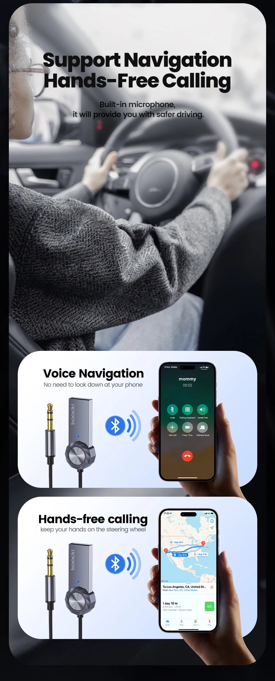Adaptador auxiliar Bluetooth 5.1 de Toocki: kit de audio inalámbrico y manos libres para coche