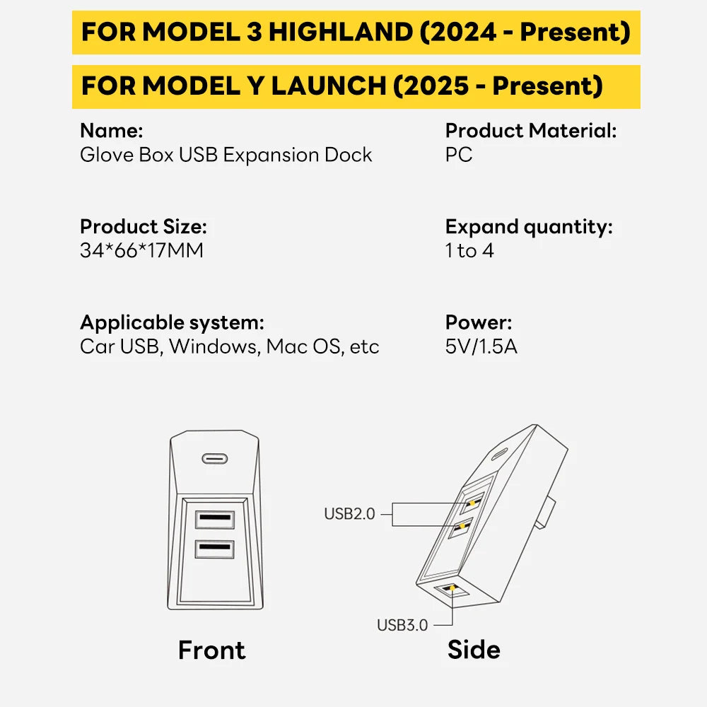 Tesla Model Y/3 Glovebox USB Hub Type-C Splitter Dock