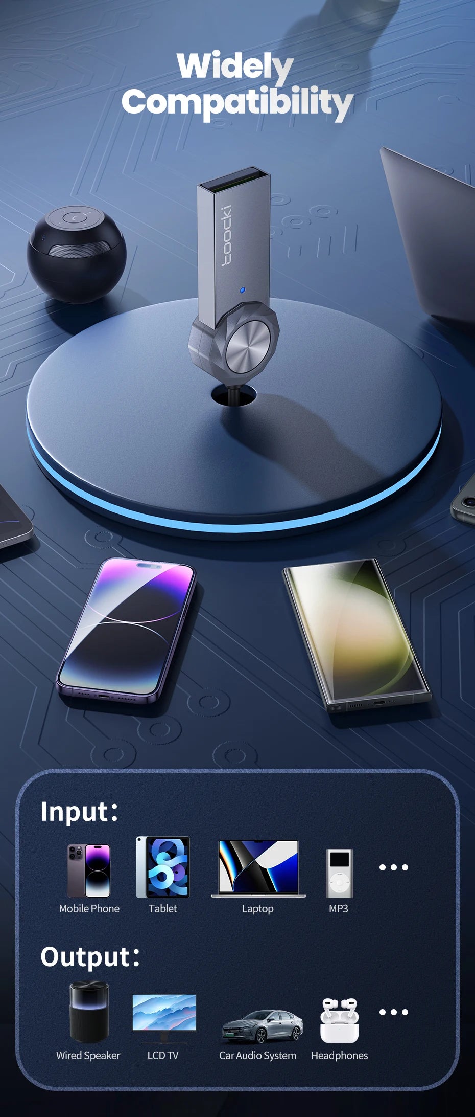 Adaptador auxiliar Bluetooth 5.1 de Toocki: kit de audio inalámbrico y manos libres para coche