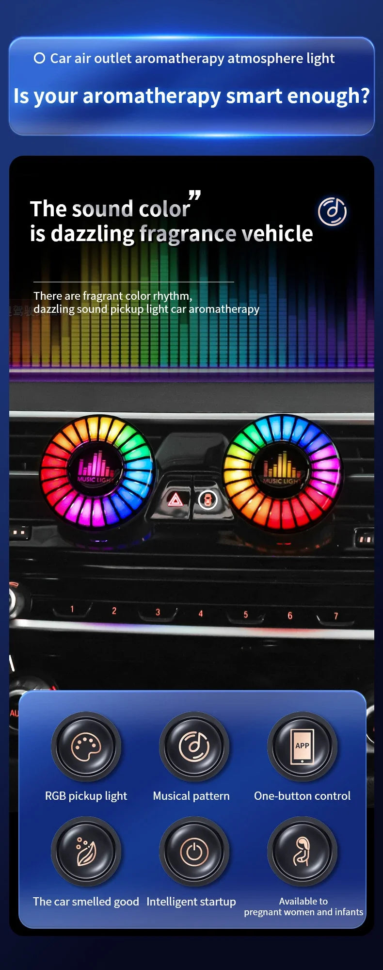 Luz y purificador de aire RGB para coche con música: ambiente controlado por sonido