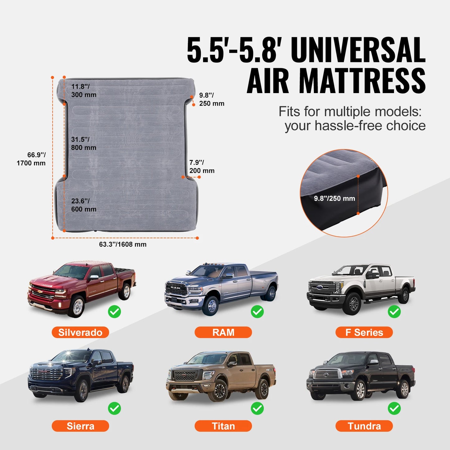 Matelas pneumatique pour camion VEVOR de 1,6 à 1,75 m pour camping-car