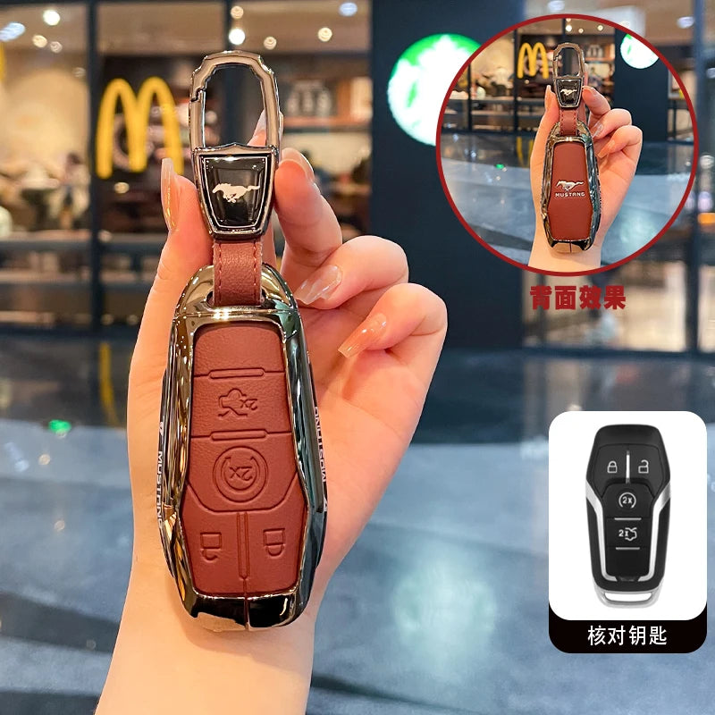 Premium Zinc Alloy Leather Key Case for Ford Mustang 2015-2020