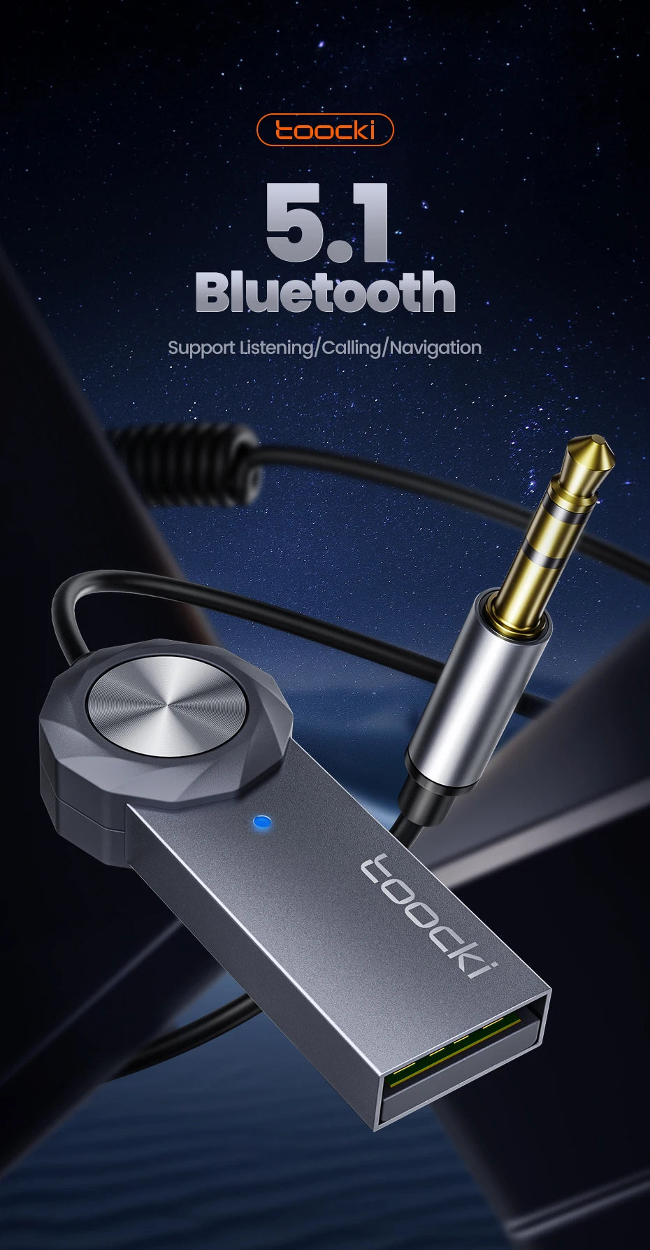 Adaptador auxiliar Bluetooth 5.1 de Toocki: kit de audio inalámbrico y manos libres para coche