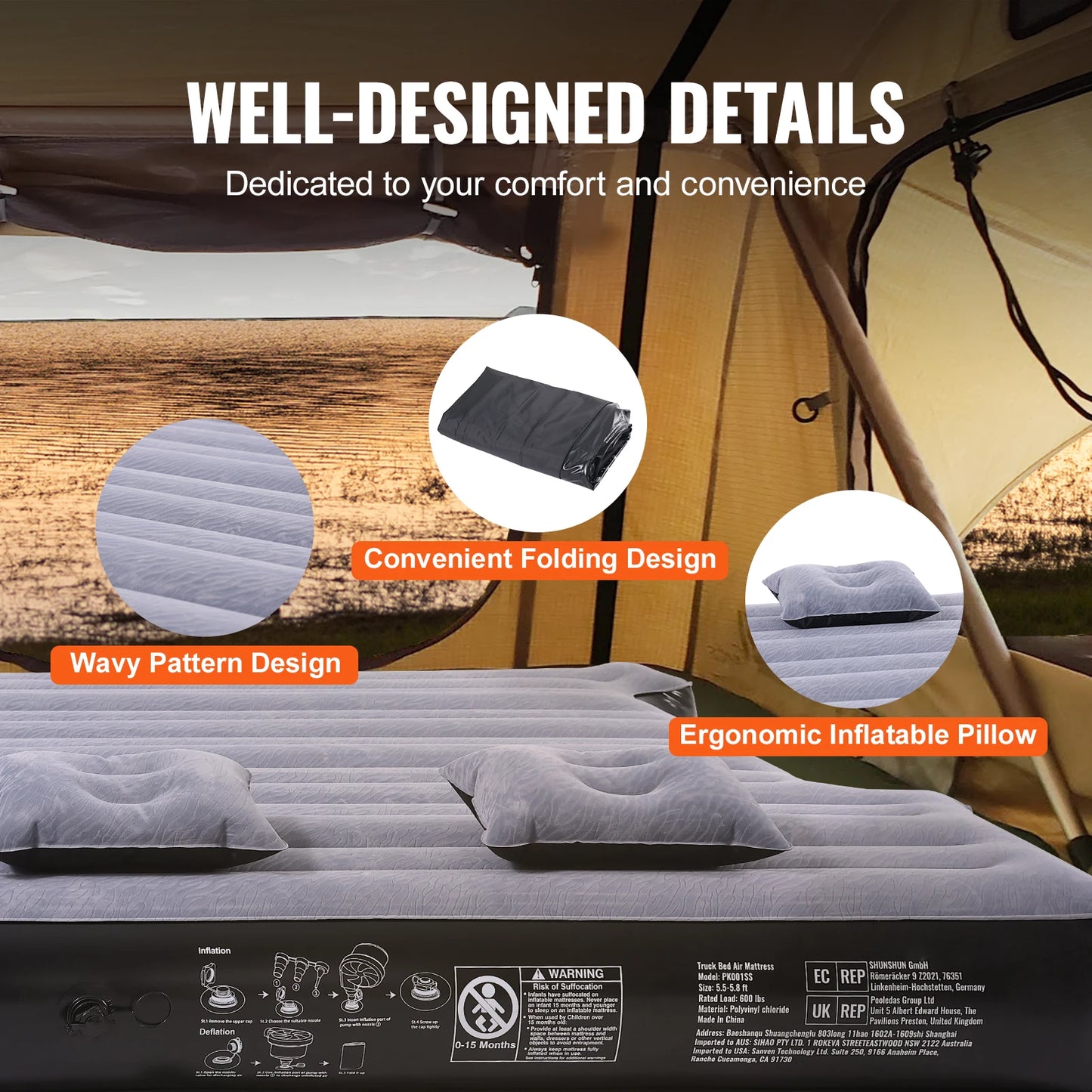 Matelas pneumatique pour camion VEVOR de 1,6 à 1,75 m pour camping-car