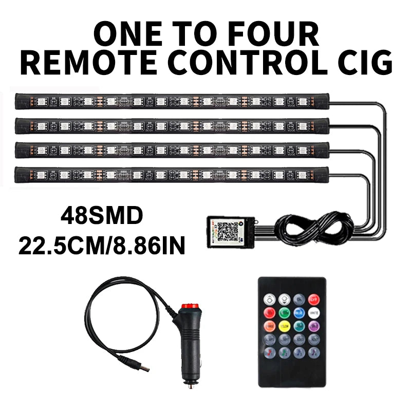 Lot de 4 lumières d'ambiance LED RVB pour voiture, contrôle par application USB