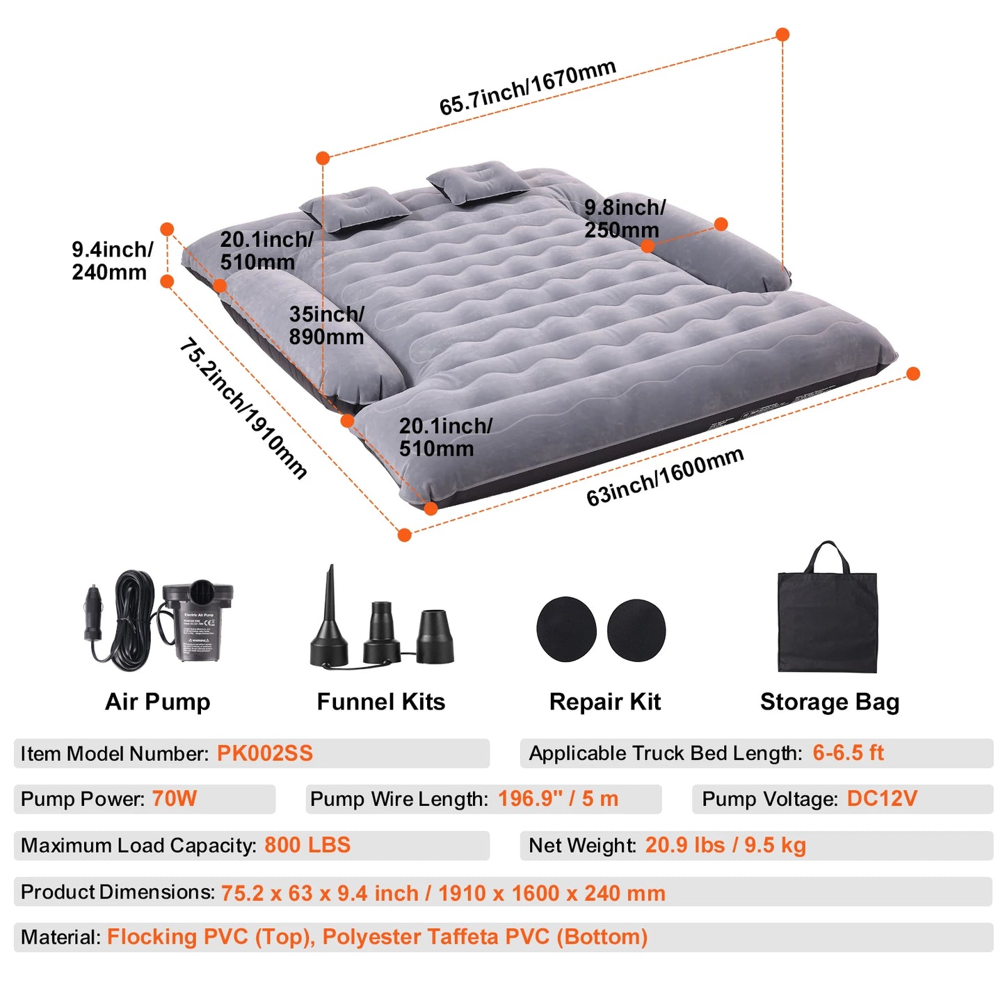Matelas pneumatique pour camion VEVOR de 1,6 à 1,75 m pour camping-car