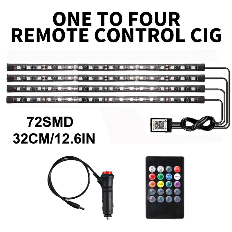 Lot de 4 lumières d'ambiance LED RVB pour voiture, contrôle par application USB
