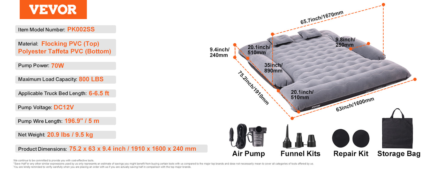 Matelas pneumatique pour camion VEVOR de 1,6 à 1,75 m pour camping-car