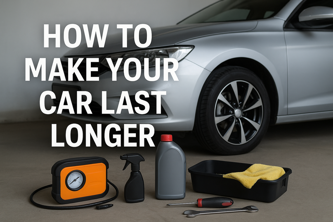 Silver car with maintenance tools including air compressor, spray bottle, oil bottle, screwdriver, wrench, and cleaning cloth