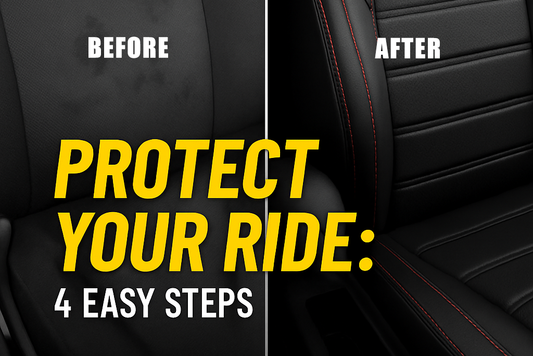 Car seat before and after cleaning with text Protect Your Ride 4 Easy Steps, showing improved black seat with red stitching