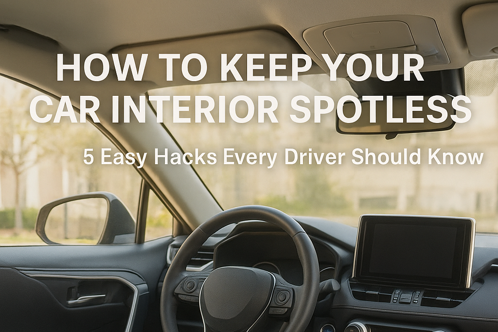 Clean car interior with steering wheel, dashboard, and touchscreen, promoting spotless car interior tips