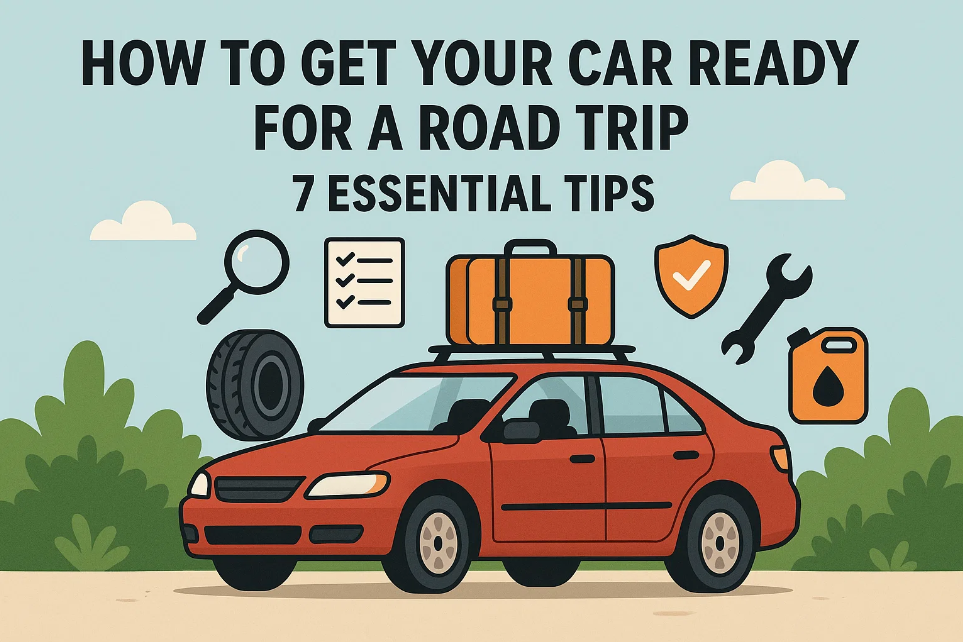 Illustration of a red car with luggage on top and icons of tire, checklist, wrench, fuel can, and shield, with text about car road trip tips