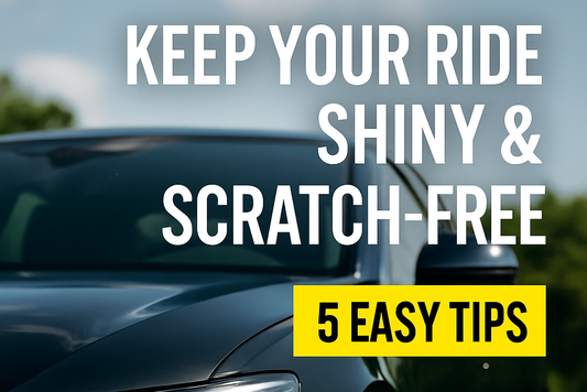 Black car hood shining under the sky with text Keep Your Ride Shiny & Scratch-Free, 5 Easy Tips