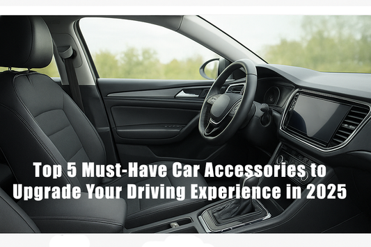 Modern black car interior with leather seats and dashboard, highlighting 2025 car accessories