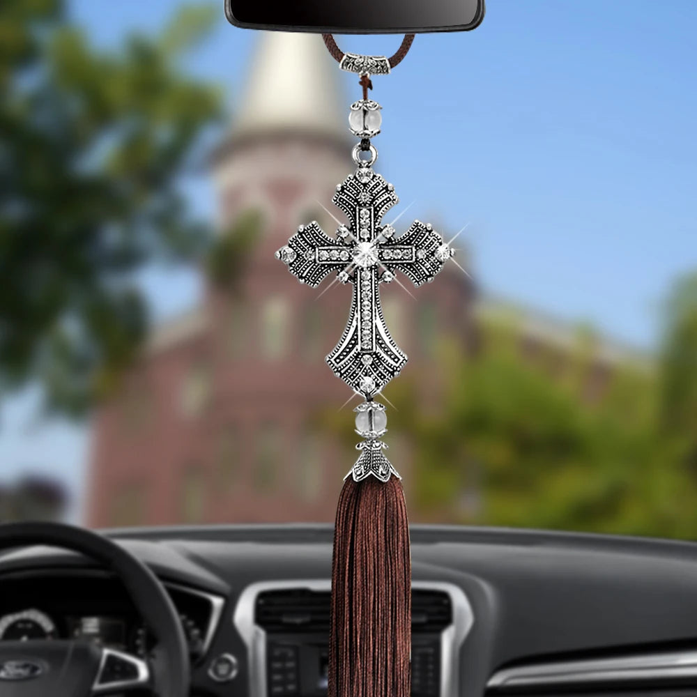 Crystal Cross Rearview Mirror Car Pendant – Premium Decor