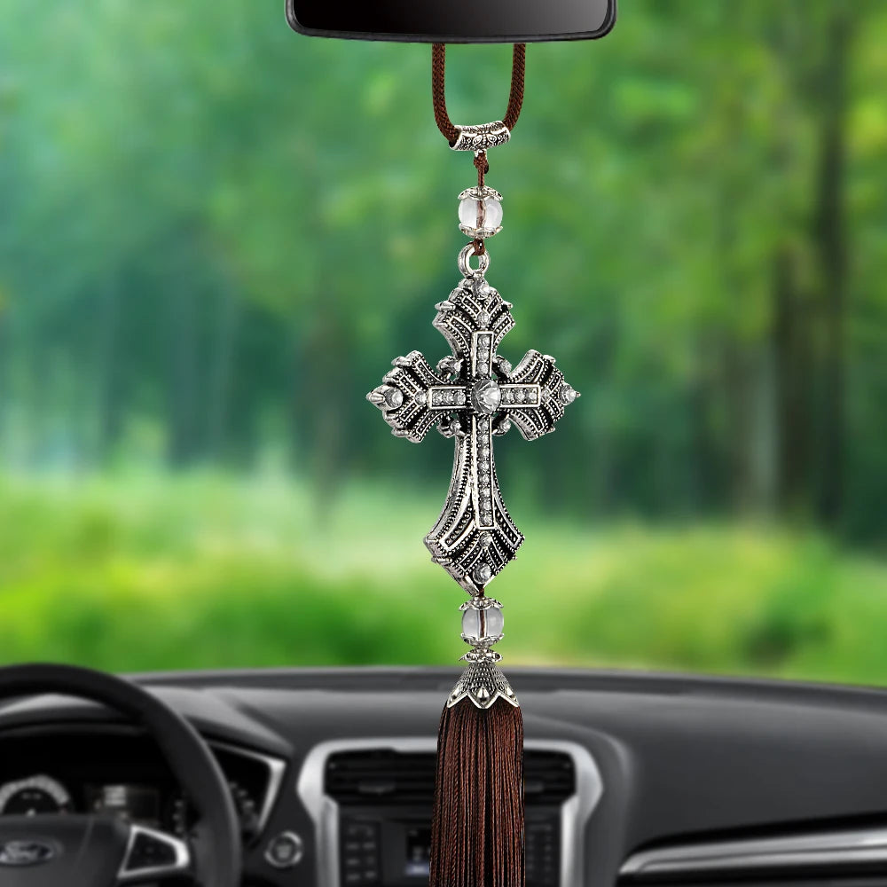 Crystal Diamond Cross Rearview Mirror Pendant for Cars