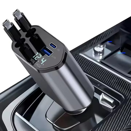 120W 4-in-1 Retractable Car Charger with Dual USB-C Cables & Voltage Display – Car Accessories | MotorWorld Marketplace