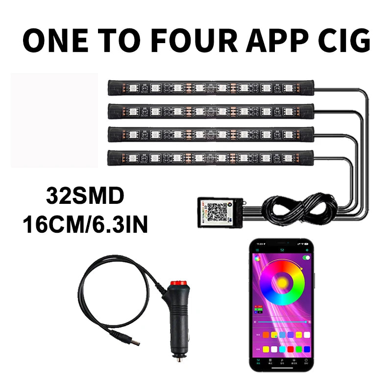 Lot de 4 lumières d'ambiance LED RVB pour voiture, contrôle par application USB