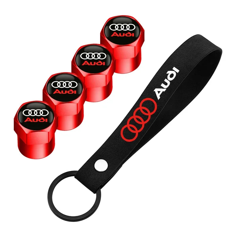 Audi Tire Wheel Valve Caps Cover + Suede Car Key Chain Ring Keychain