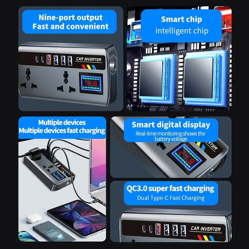 220V Car Inverter, Dual PD, 4USB, Intl Socket, 12V/24V – Car Accessories | MotorWorld Marketplace