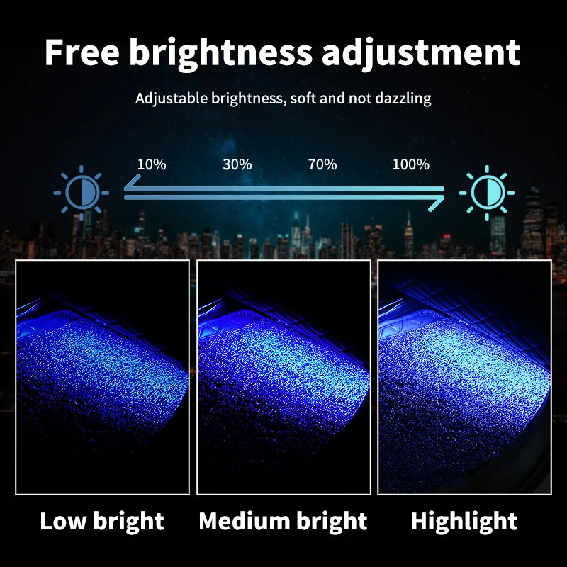 Lot de 4 lumières d'ambiance LED RVB pour voiture, contrôle par application USB