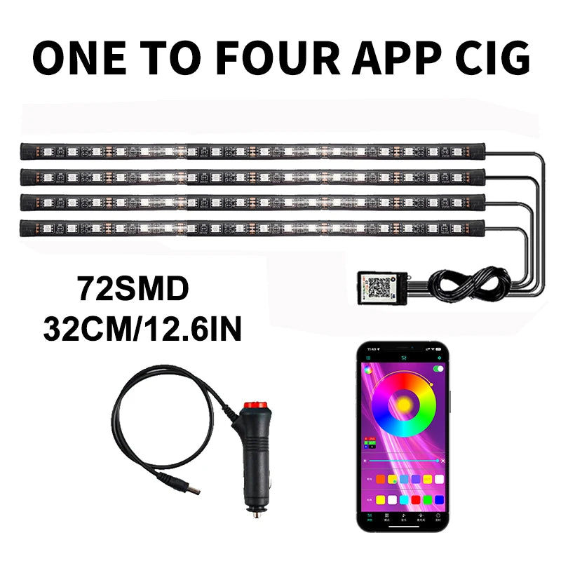 Lot de 4 lumières d'ambiance LED RVB pour voiture, contrôle par application USB