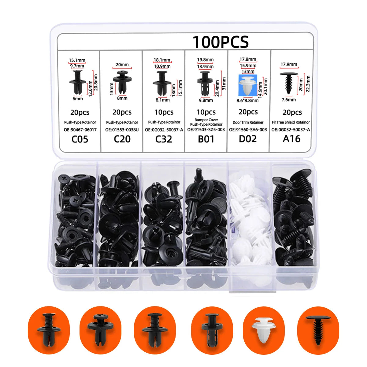 Kit de 100 clips de fixation pour pare-chocs - Pro Auto Rivets Fasteners
