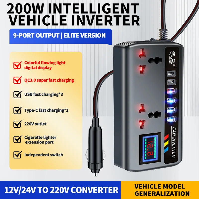 220V Car Inverter, Dual PD, 4USB, Intl Socket, 12V/24V With QC3.0 display – Car Accessories | MotorWorld Marketplace