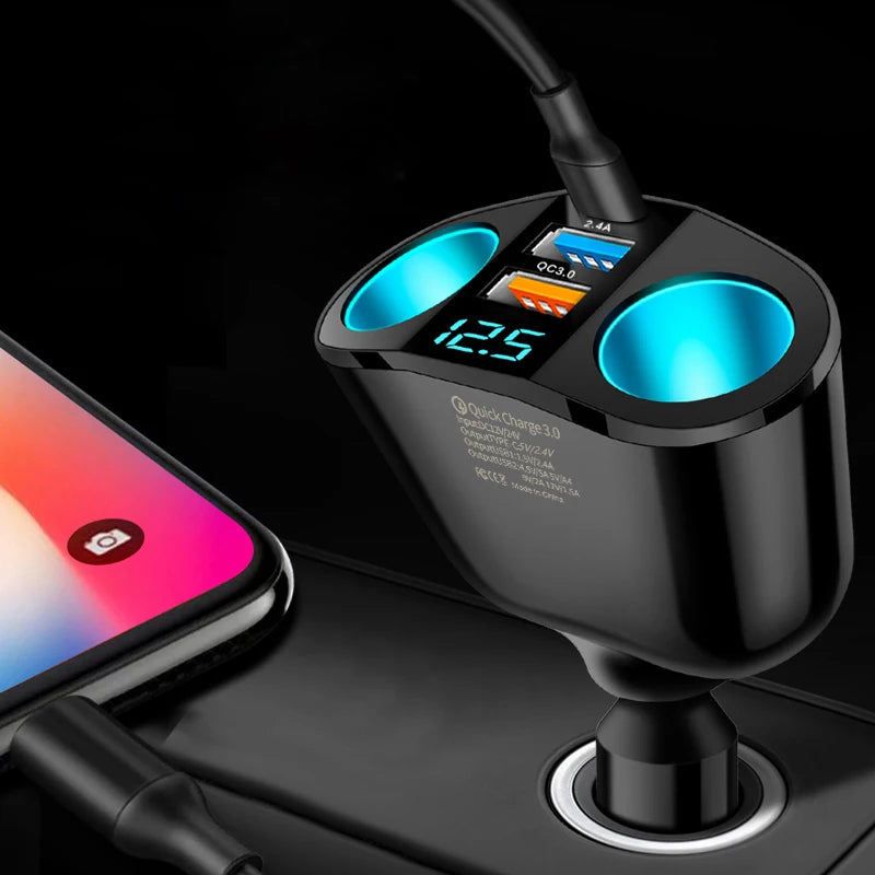 Dual-Port Car Charger with Digital Display for Simultaneous Charging