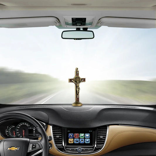 Premium Metal-Wood Jesus Cross Car Dashboard Ornament