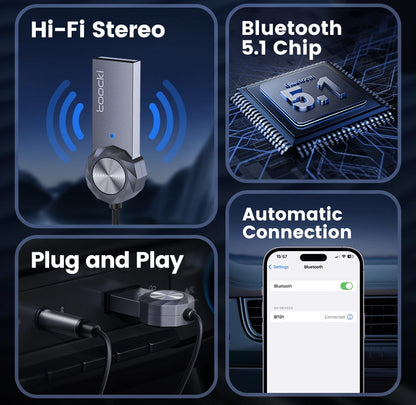 Adaptateur auxiliaire Bluetooth 5.1 Toocki – Kit audio sans fil et mains libres pour voiture