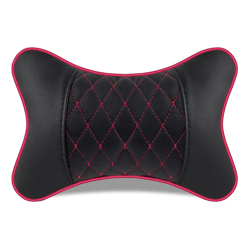 Premium Cowhide Car Neck Pillow – Universal, Soft, Breathable P09 black red – Car Accessories | MotorWorld Marketplace