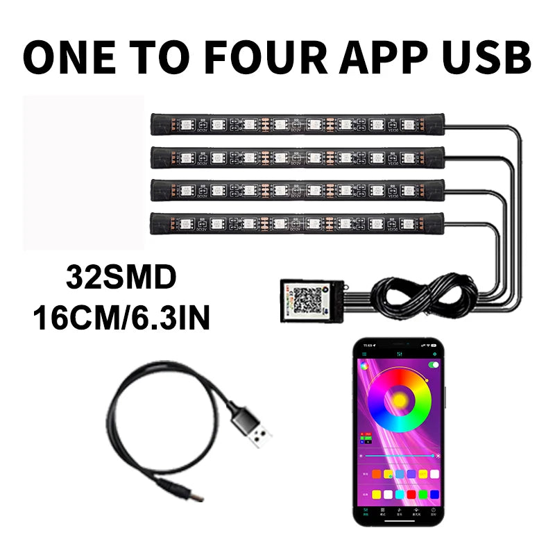 Lot de 4 lumières d'ambiance LED RVB pour voiture, contrôle par application USB