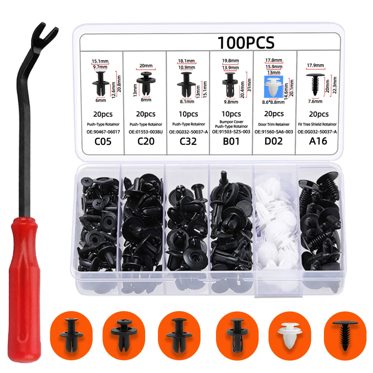 Kit de 100 clips de fixation pour pare-chocs - Pro Auto Rivets Fasteners