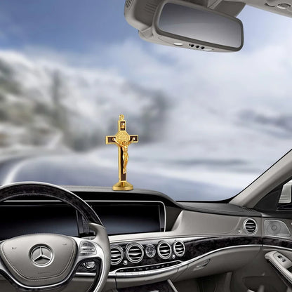 Premium Metal-Wood Jesus Cross Car Dashboard Ornament