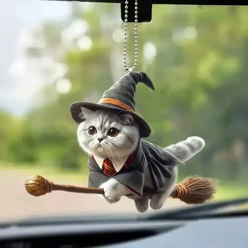 2D Halloween Cat Broom Pendant – Rearview Mirror Decor – Car Accessories | MotorWorld Marketplace