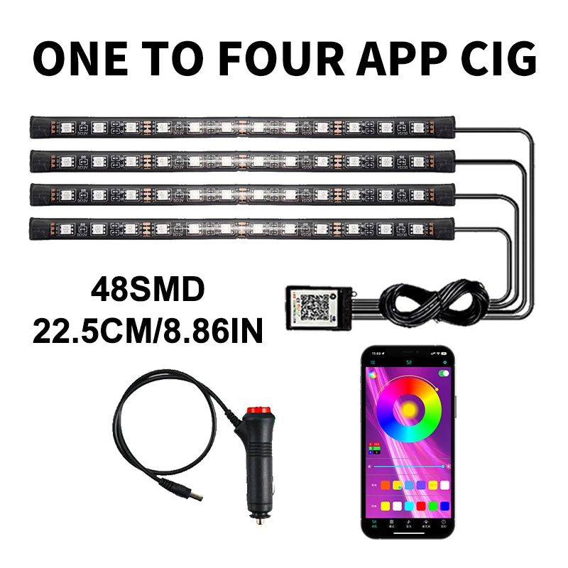 Lot de 4 lumières d'ambiance LED RVB pour voiture, contrôle par application USB