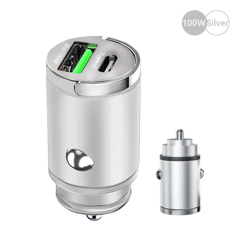 Mini 100W Dual USB-C Car Charger Fast Charge Pro Devices 100W Silver – Car Accessories | MotorWorld Marketplace