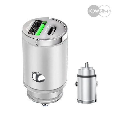 Mini 100W Dual USB-C Car Charger Fast Charge Pro Devices 100W Silver – Car Accessories | MotorWorld Marketplace