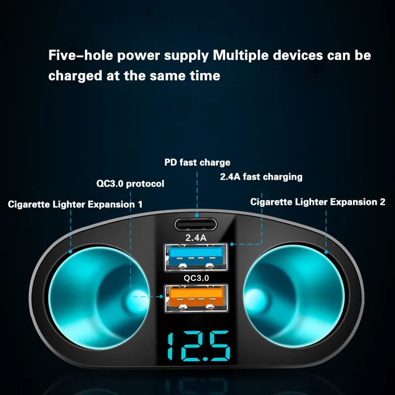 Dual-Port Car Charger with Digital Display for Simultaneous Charging