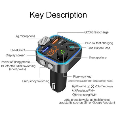 Transmetteur FM Bluetooth 5.0 - Chargeur rapide double USB, kit mains libres pour voiture