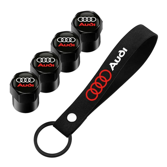 Audi Tire Wheel Valve Caps Cover + Suede Car Key Chain Ring Keychain