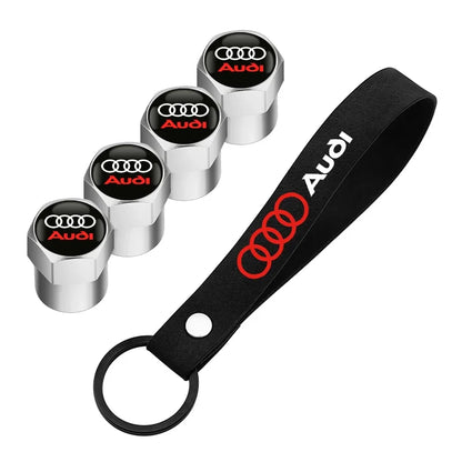 Audi Tire Wheel Valve Caps Cover + Suede Car Key Chain Ring Keychain