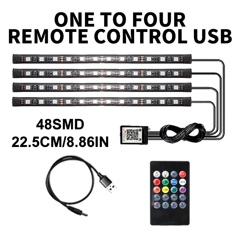 Lot de 4 lumières d'ambiance LED RVB pour voiture, contrôle par application USB