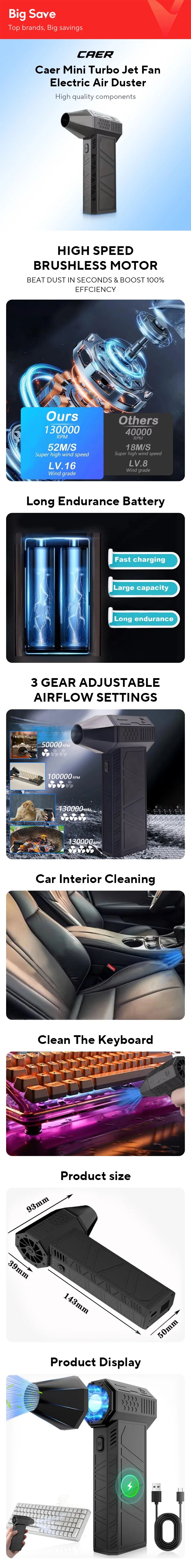 Dépoussiéreur à air turbo CAER 130 000 tr/min - Nettoyage professionnel de voiture et de PC