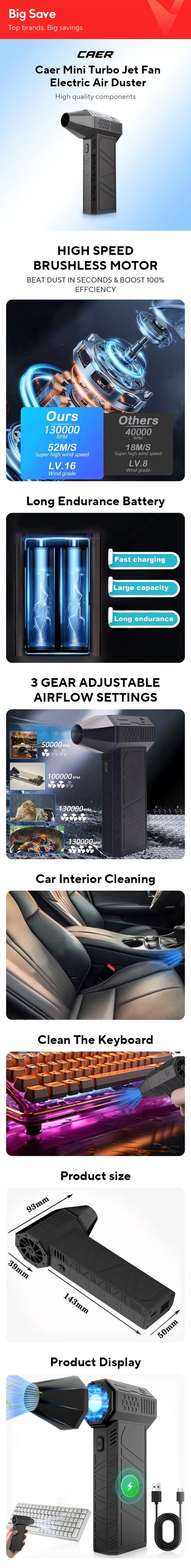 Dépoussiéreur à air turbo CAER 130 000 tr/min - Nettoyage professionnel de voiture et de PC