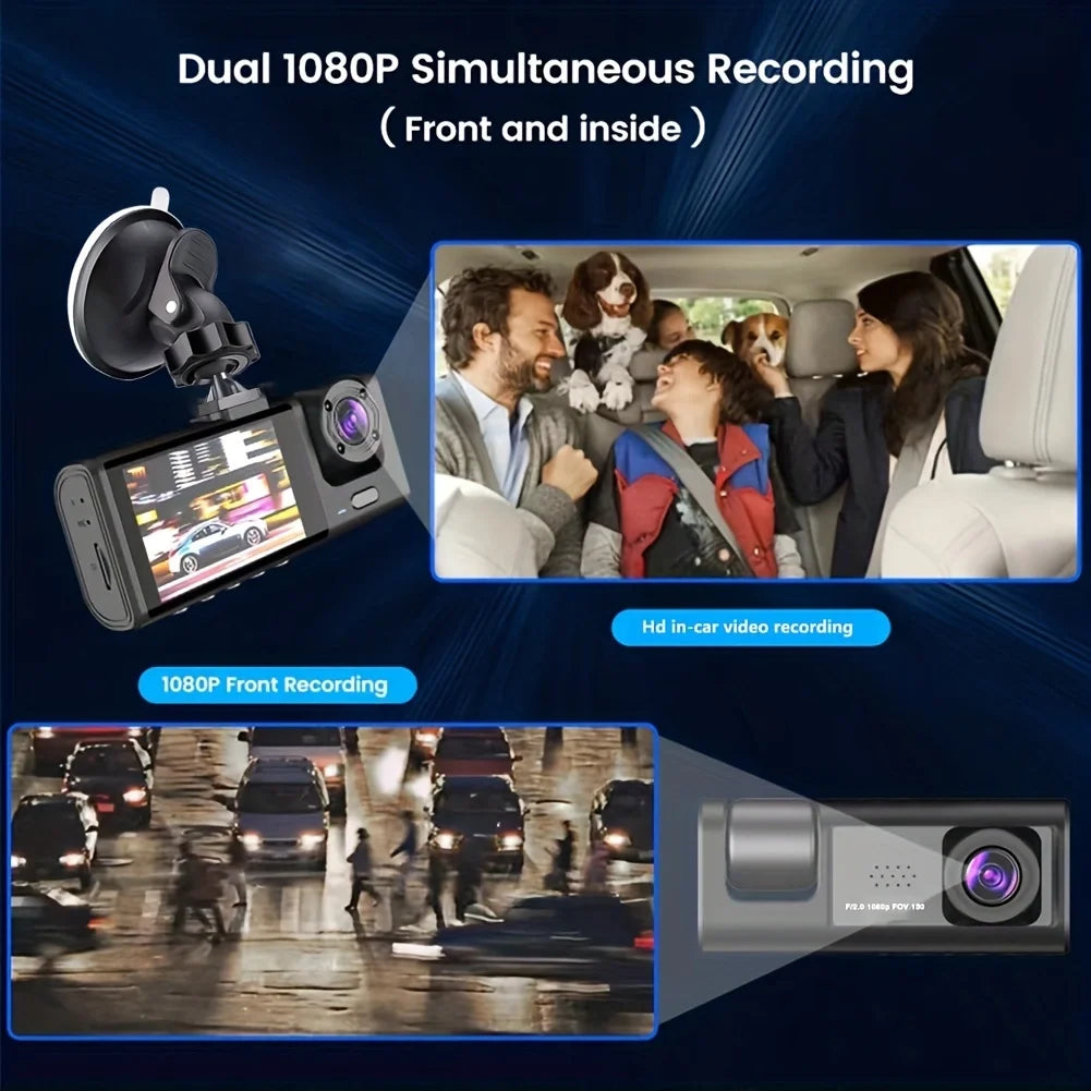 1080P Dash Cam with IR Night Vision & 3 Cameras | Loop Recording, 2" IPS Screen, DVR