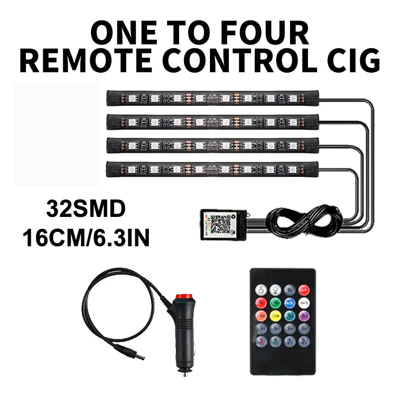 Lot de 4 lumières d'ambiance LED RVB pour voiture, contrôle par application USB